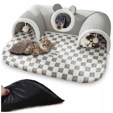 Плюшеве ліжко-шахівниця для котів з тунелем 2в1, сіре, розмір XL 86x70x26 см