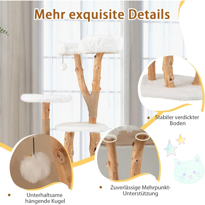 Дерев'яна кігтеточка SOARS для котів з 3-ма стовбурами, ліжком та іграшками, багатоповерхова, 59 x 49 x 110 см, Стиль C