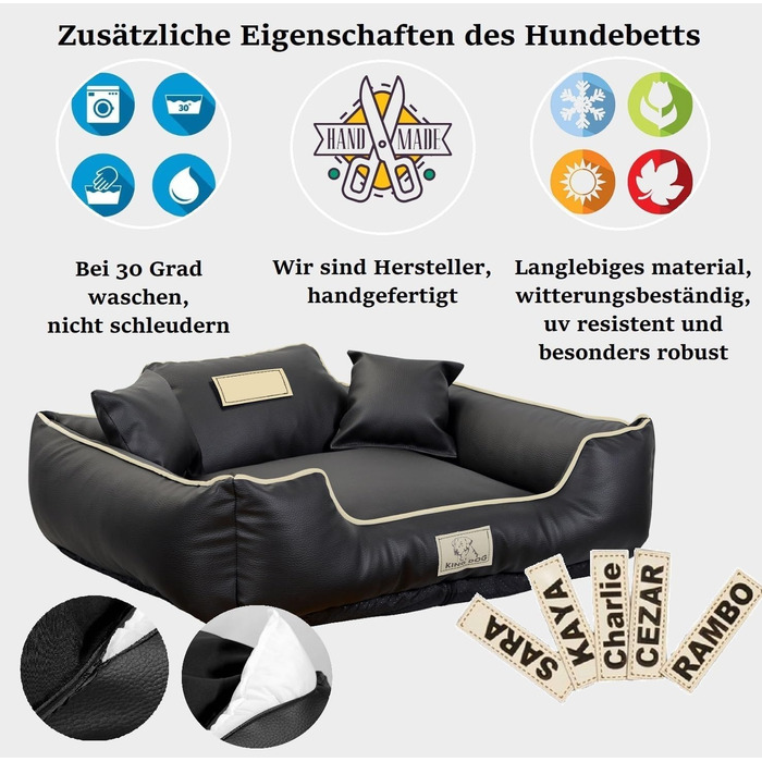 Крісло-ліжко для собак середніх порід King Dog: миється, з еко-шкіри, 75x65 см, з можливістю персоналізації імені, водонепроникне, з силіконовою начинкою, чорне