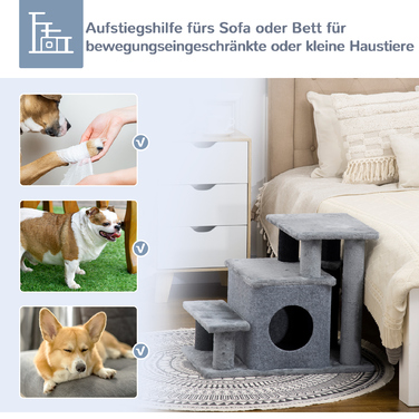 PawHut Pet Stairs 3/4-ступінчасті сходинки для кішок зі спальним місцем та ігровим м'ячем, плюшевий чохол, міцна ДСП для котів