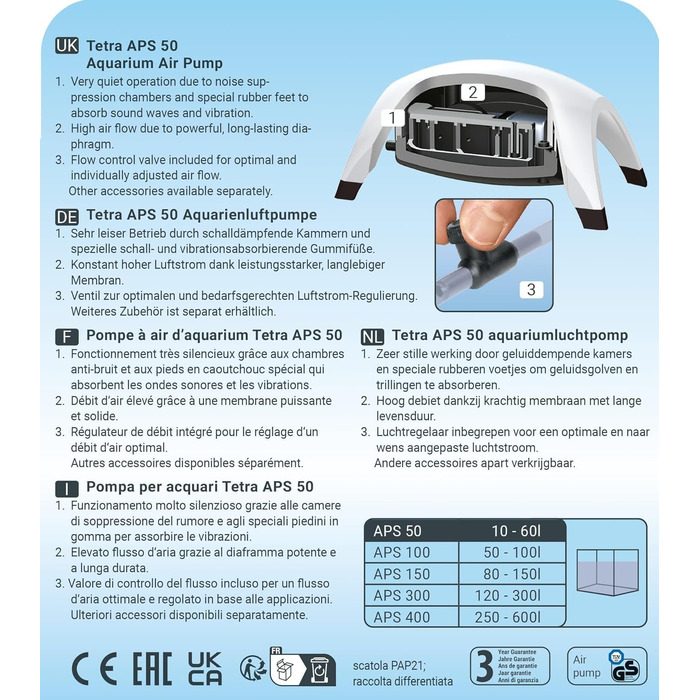 Tetra APS 50 – тиха мембранна повітряна помпа для акваріума 10-60 л, біла
