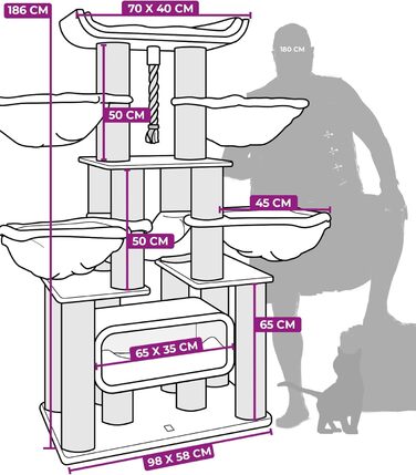 Драбина для котів Petrebels Skyline XXL, 186 см, чорна. Підходить для великих котів, таких як Мейн-кун