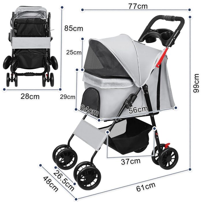 Дитяча коляска для собак та котів Homewell, складана, до 20 кг, з сумкою та підсклянником (сіра)