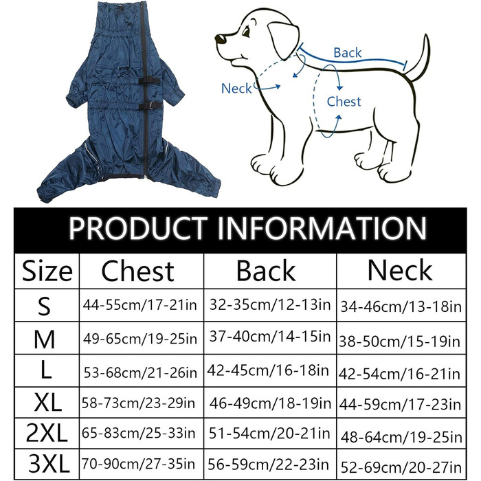 MOREZI Дощовик для собак з високим коміром, водонепроникний комплект дощовиків з світловідбиваючими смугами та блискавками, підходить для всіх порід собак - L (довжина спини: 42-45 см) (X-Large (довжина спини: 46-49 см), темно-синій)
