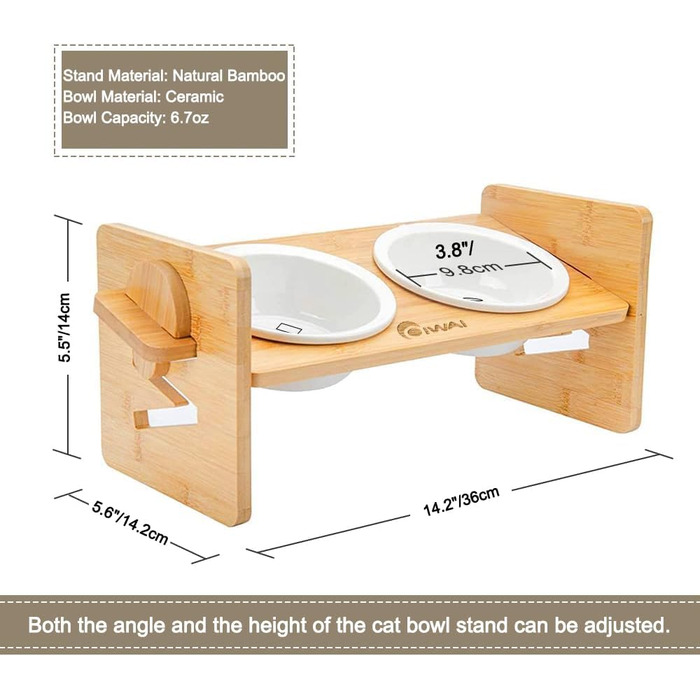 Підвищуюча миска для корму для собак та котів з кераміки з бамбуковим підставкою, нахилена платформа для котів та маленьких собак 36*14.2