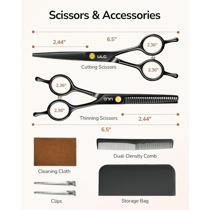 Професійний набір для стрижки волосся ULG - професійні барберські ножиці 16,5 см з японської нержавіючої сталі, витончуюча ножиця, гребінець, затискачі та етилуі - для чоловіків, жінок, дітей, чорний