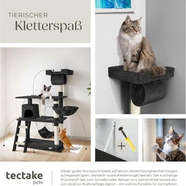 Tectake Когтеточка для котів 141 см, котячий будиночок з гамаком, ігровою мотузкою, драбинкою, печерою, іграшкою, плюш-сизаль, для дому, чорна, широкий