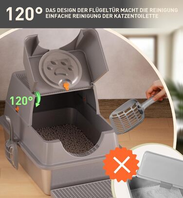Місцезнаходження Katzenklo Edelstahl з кришкою, XXL туалет для котів закритий з двома відсіками для наповнювача, килимок для наповнювача та лопатка, двостулковий дизайн, легко чистити, утримує запах, сірий