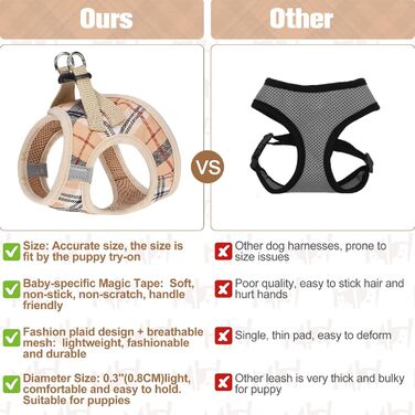 Шлейка та поводок для собак та котів BeautyzOO, м'яка сітчаста тканина, світловідбиваючі елементи, для цуценят та котів середніх та маленьких розмірів, в клітинку, XS/S, Бежевий (37-41 см обхват грудей)