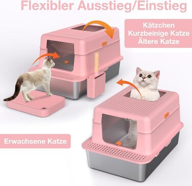 Котячий туалет з нержавіючої сталі з кришкою 60x40x39 см, 36 л, подвійний фільтр, совок, високий борт, закритий, легке очищення, рожевий