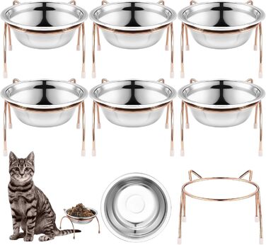 Набір з 6 піднятих мисок для котів, 14 см, нержавіюча сталь, миски для котів з металевим підставкою, без стресу, для вусів, піднята годівниця та миска для води для котів, кошенят, маленьких собак, 340 мл