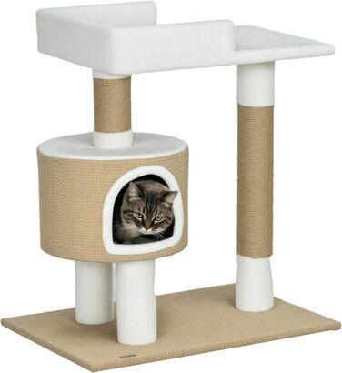 Дерев'яний кігтеточка PawHut для котів з будиночком, лежаком та кріпленням з джуту, до 8 кг, коричнево-білий, імітація кашеміру