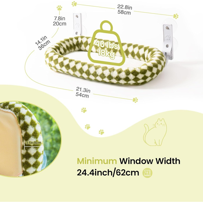 Крісло-гамак для котів EDAGNY - м'яке, розкладне, з плюшем, для вікна, до 18 кг, зелений колір