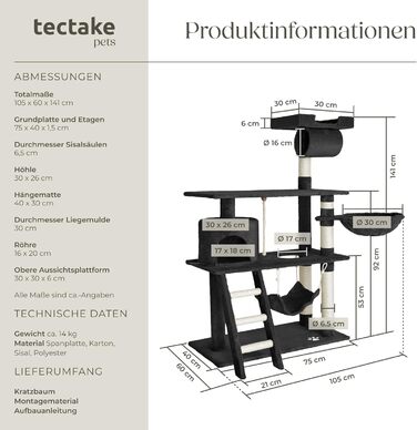 Tectake Когтеточка для котів 141 см, котячий будиночок з гамаком, ігровою мотузкою, драбинкою, печерою, іграшкою, плюш-сизаль, для дому, чорна, широкий