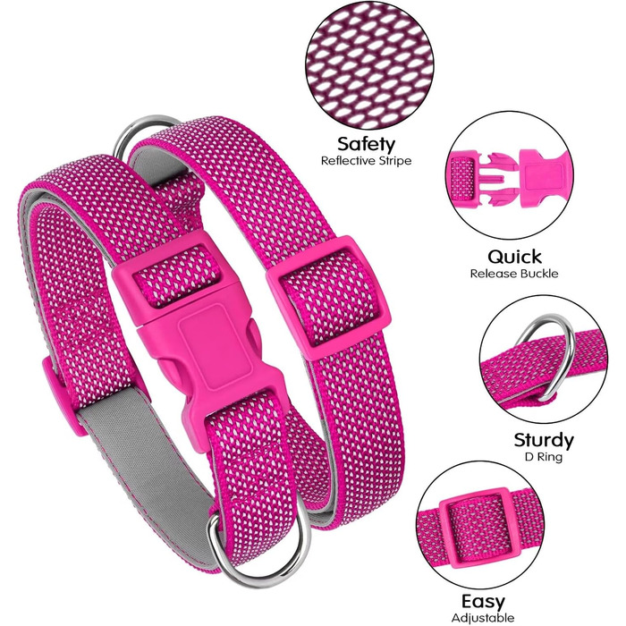 Світловідбиваючий нашийник для собак Didog з пряжкою, регульований, м'який неопрен, з підкладкою, нейлон, для малих, середніх та великих собак, L (M: Neck 25-43cm, Рожевий)