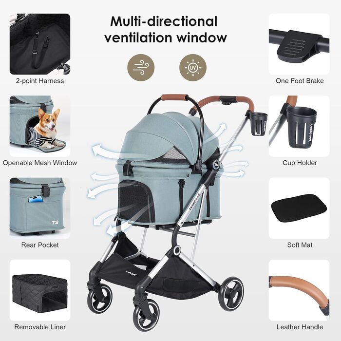 Дитяча та візок для тварин 3 в 1 T3 - для собак та котів, легкий, складний, зелений (Green-Pro)