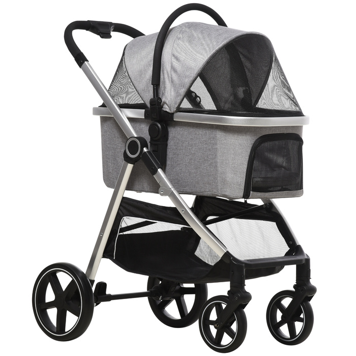 PawHut Dog Buggy 2-в-1 складаний з гальмами та сітчастим вікном, захисні повідці, для собак до 15 кг, світло-сірий