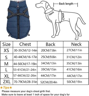 Водонепроникний теплий одяг для собак, жилет-шлейка з відбиваючими елементами, зимовий одяг для цуценят з нагрудником, для прогулянок на вулиці, регульований нагрудник - Морська синя - L (довжина спини: 39 см)