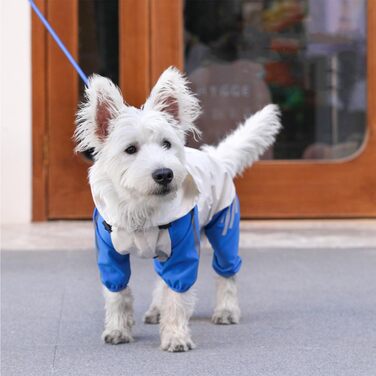 Дощовик для собак з отворами для зчеплення, легкий, водонепроникний, вітронепроникний, з світловідбиваючими смугами, одяг для домашніх тварин, пончо-куртка для маленьких та середніх собак, розмір L, блакитний (довжина спини: 30 см, обхват грудей: 44 см)