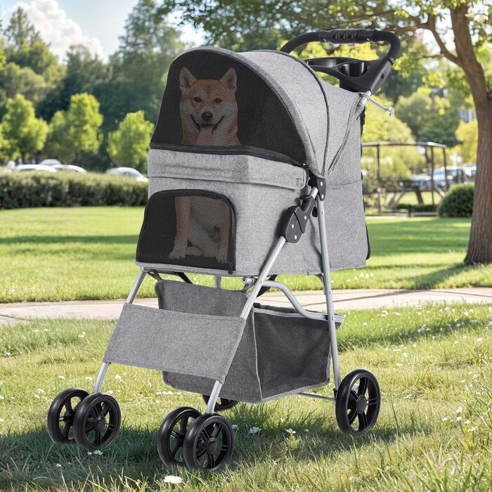 Візок для собак та котів DWVO, сірий, до 15 кг, складання, з підстаканником та кошиком для зберігання