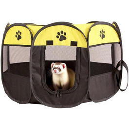Клітка-забіг для цуценят 74x74x43 см – портативна клітка для собак та котів – клітка для кроликів та інших дрібних тварин – безпечний забіг для дому та вулиці (жовтий + лапа собаки)