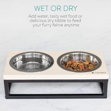 Набір мисок для котів Navaris з кріпленням - станція годування. Миски з нержавіючої сталі та дерев'яний тримач для котів та собак