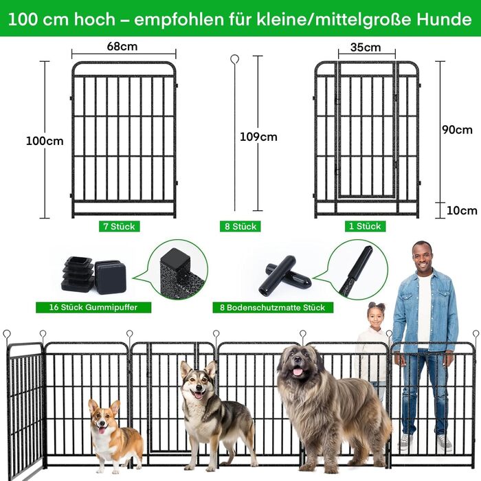 Кіягро вольєр для цуценят 544см, 100см висотою, 8-секційний розкладний вольєр для тварин з дверима, вольєр для собак, котів, кроликів, для саду, без інструментів, 8 секцій