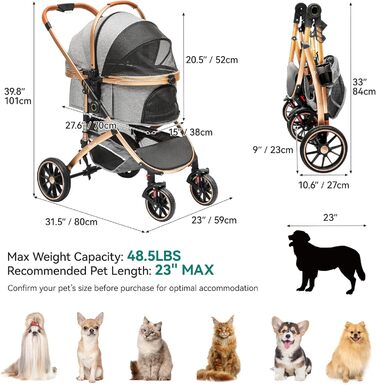 Візок для собак YITAHOME 3 в 1, до 20 кг, складаний, сірий