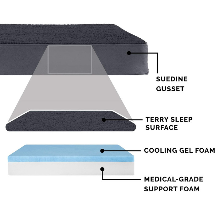 Гірчичне собаче ліжко Furhaven з охолоджуючим гелем, водонепроникне, для собак середніх та маленьких порід (до 15,9 кг), знімний, пральний чохол, для дому та вулиці, з логотипом, фротте та замша (сірий), 135 x 102 x 13 см