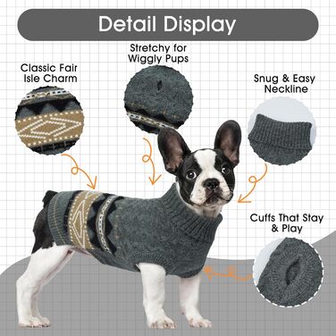 Вовняний пуловер з коміром-хомутом для собак на зиму, теплий візерунок Fair-Isle, сірий, розмір XXL (XX-Large)