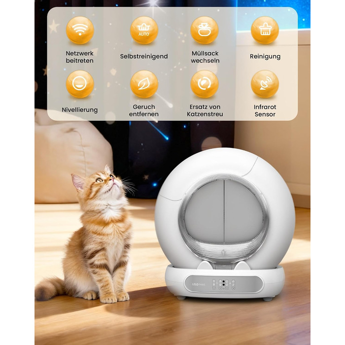 Самоочисний електричний лоток для котів LELO PAWS XXL (74Л) з керуванням через додаток, дезодорацією та шторкою, сріблястий