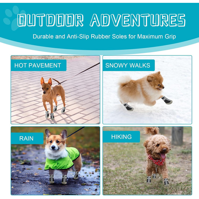 Чоботи для собак, захист подушечок лап, Outdoor, 4 шт. З відбиваючим кріпленням на липучці, дихаючі, регульовані, для малих та середніх собак (Чорний, 5)