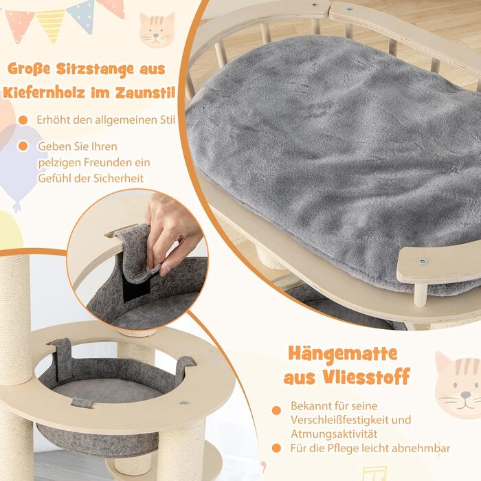 Кігтеточка для котів Costway 6-ярусна з гамаком та лежанками, сіра+натуральний колір, 66x66x150 см