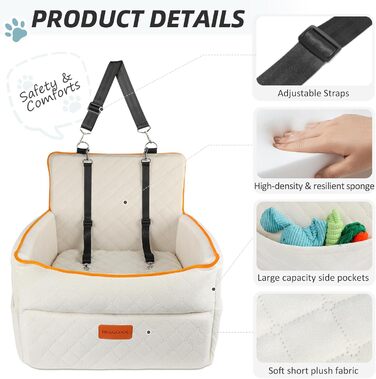 Автокрісло для собак - підходить для маленьких та середніх порід, з кишенями для зберігання, поводок, посилене автоліжко для собак, підходить на заднє та переднє сидіння (біле)