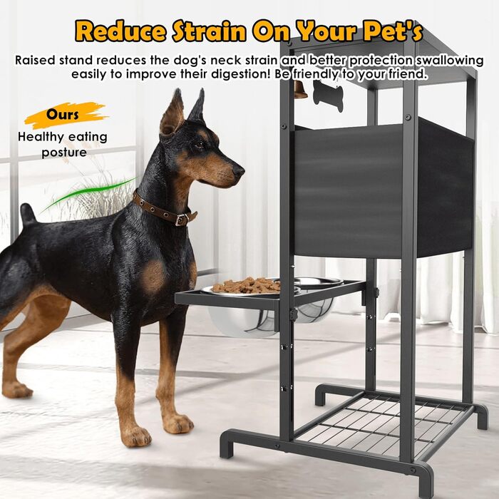 Підвищені годівниці для великих собак, екстра-великих порід, з нековзною підстилкою, об'єм 3000 мл (13 чашок), стабільна годівниця, висота 46 см, підставка для собак XXL, коричневий колір - миски та підстилка, 2,863 мл, 46 см (для великих собак, чорний ко