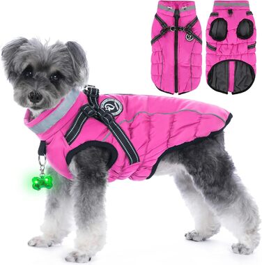 Зимовий одяг для собак, теплий водонепроникний одяг для собак з шлейкою, світловідбиваючі смуги, LED-ошийник, зимові куртки та одяг для маленьких та середніх собак, рожевий, розмір S