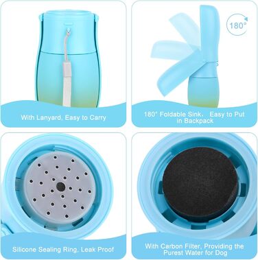 Поїлка для тварин JOPHEK 300мл: складана пляшка для собак та котів з фільтром, противитікаюча, блакитно-зелена