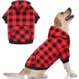 Пуловер для собак, червоний, в клітинку Buffalo Plaid, теплий та м'який, дихаючий, зручний, з капюшоном, для великих собак, з кишенею (XXL)