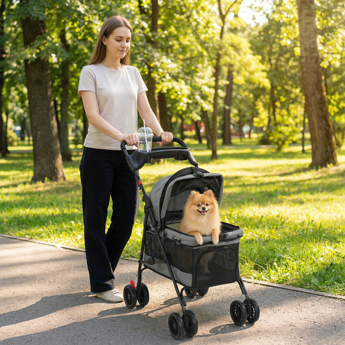 Складаний візок для собак (buggy) з подушкою, сітчастими вікнами та підстаканником, колеса 360°, для малих собак до 10 кг, сірий