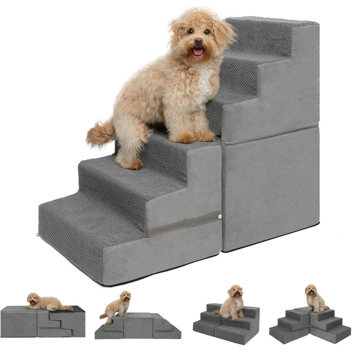 Сходинки для собак - 6-ступенева сходинка для високих ліжок, з високощільним пінопластом, неслизьке покриття, знімне та пральне покриття для собак