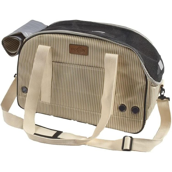 Сумка для тварин Bobby Tennis – переноска для котів та собак, 45 x 18 x 30 см, з плечовим ременем та рюкзаком, Бежево-чорна