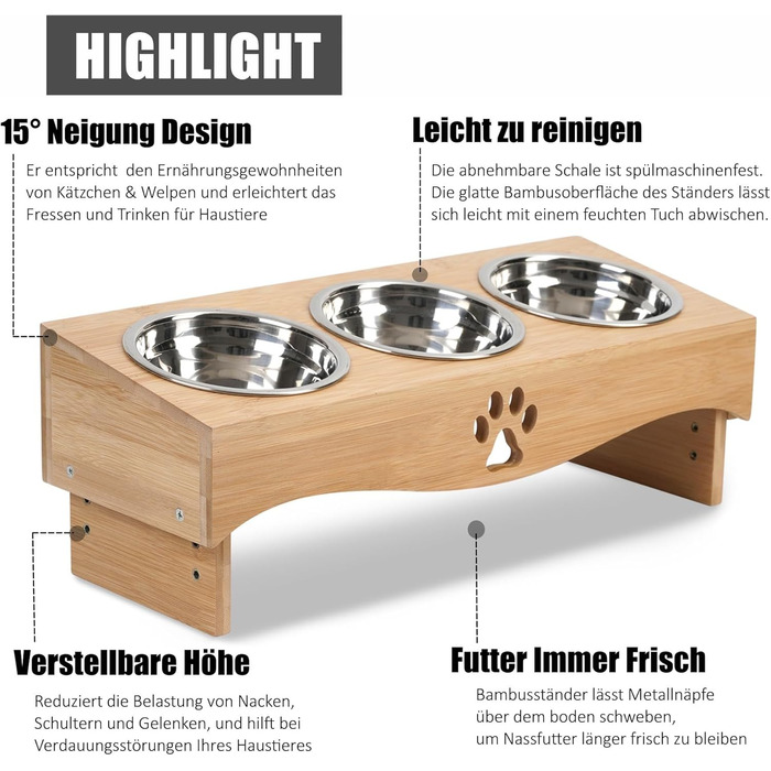 Набір мисок для котів JUJOYBD 3 шт. - підняті миски з нержавіючої сталі, кут нахилу 15°, ергономічна станція для годування котів та маленьких собак