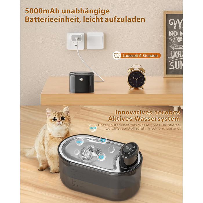 Автоматичний котячий фонтан TOMXCUTE 3,0 л з датчиком руху, акумулятор 5000 мА·год, бездротовий, нержавіюча сталь, з фільтром, чорний