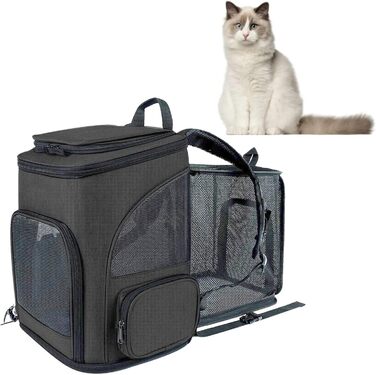 Рюкзак-переноска для котів RASTKY, складана переноска для тварин, міцна переноска для собак та малих тварин до 8 кг, ідеально підходить для візитів до ветеринара, прогулянок у парку, сірий (чорний)