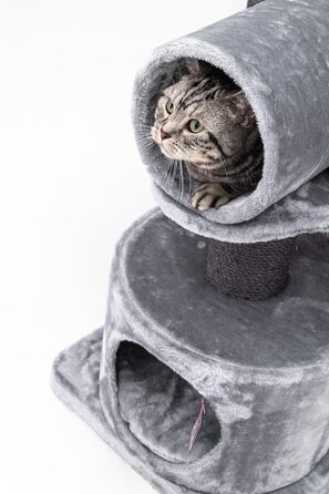 Дряпак для котів Petrebels Victoria 125 см, преміум-якість, сірий, з ігровою трубою, лежанкою, будиночком і стовпами Ø12 см