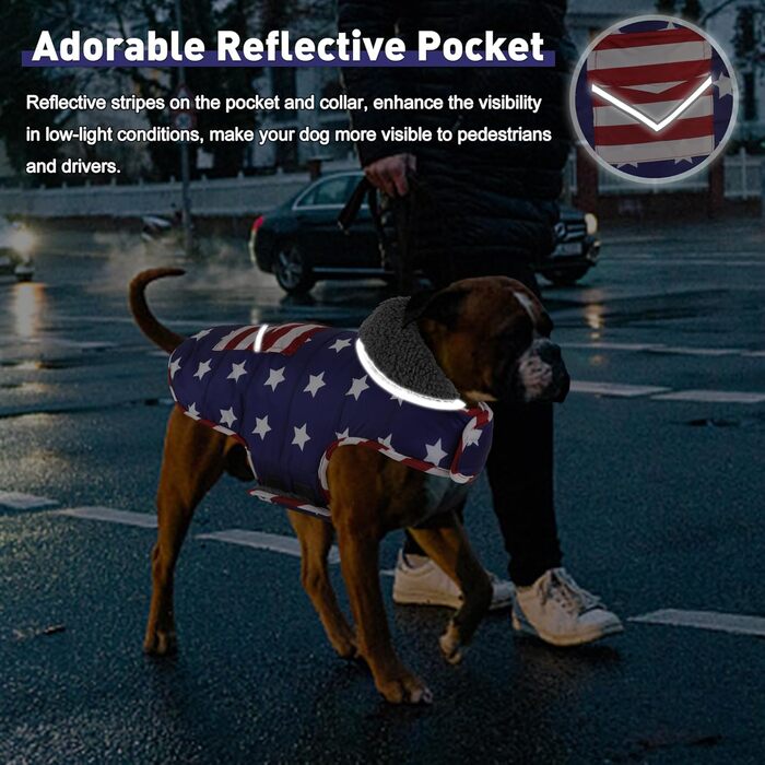 Водонепроникна куртка для собак на зиму з кишенею, світловідбиваюча, регульована, тепла флісова підкладка, розміри M, L, для маленьких, середніх та великих собак, з американським прапором