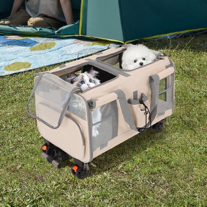 Транспортна переноска для котів та собак на 2 тварин з колесами, 17,5 кг, для прогулянок та парку (Бежевий)