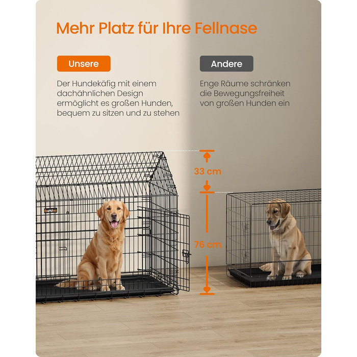 Клітка для собак Feandrea, 120 x 72,5 x 109 см, металева, XXL, для великих собак, з подвійною дверцятами, чорна, PPD015B01