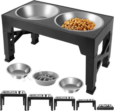 Підвищені годівниці для собак JumeiYoupin - набір з 3 шт. (2 з нержавіючої сталі, 1 для повільного годування) - 5 рівнів висоти - зменшують навантаження на шию - неслизькі годівниці для собак будь-якого розміру та котів