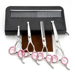 Професійна 5-в-1 фен для собак: ножиці з нержавіючої сталі, безпечні, прямі та філігранні ножиці, ножиці для стрижки та грумінгу, гребінець (рожевий)
